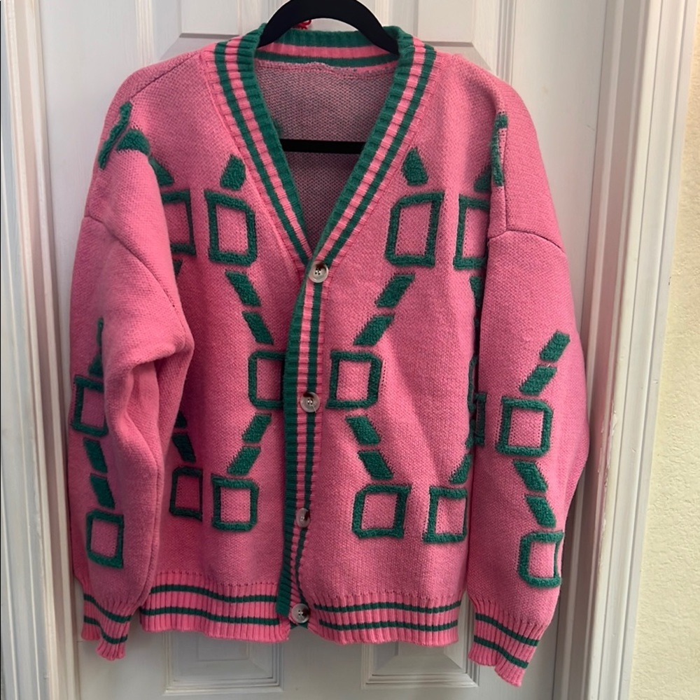 Pink and Green Geometric Cardigan